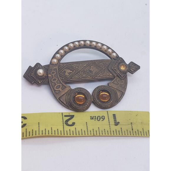 Vintage Victorian Revival Brass Brooch Faux Pearl Amber Glass Cabochons Celtic - Picture 8 of 11